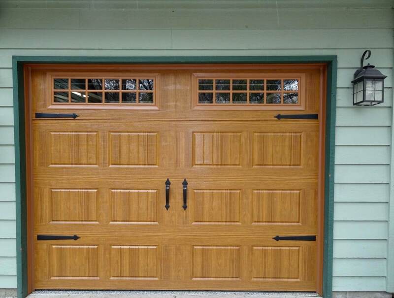 Amarr Hillcrest 3000 Garage Door in Golden Oak with Short Bead Board Panels and Stockton Windows.  Installed by Augusta Garage Door in Big Lake, MN.